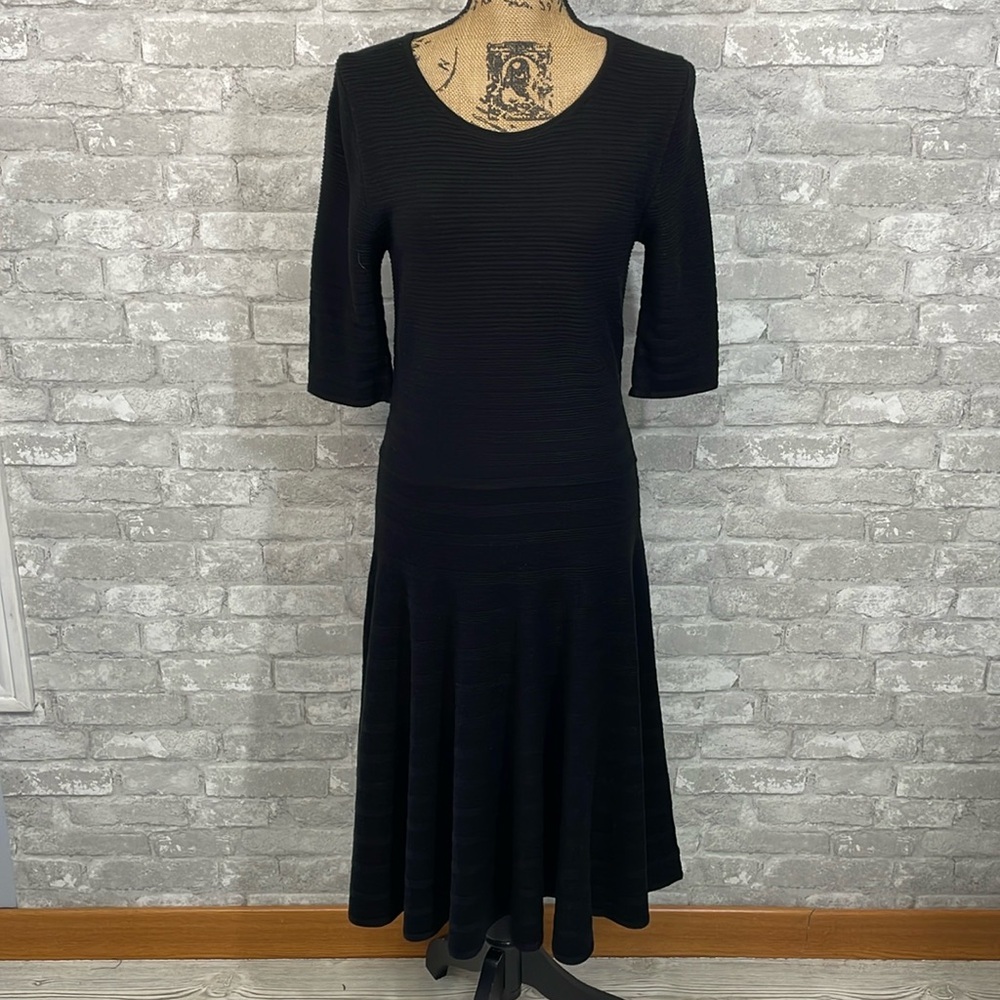 Ivanka Trump Black Midi Ribbed Fit-and-Flare Dress
